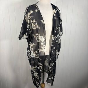 Revamped‎ Sheer Floral Kimono Black Lightweight Duster Cardigan Small Resortwear